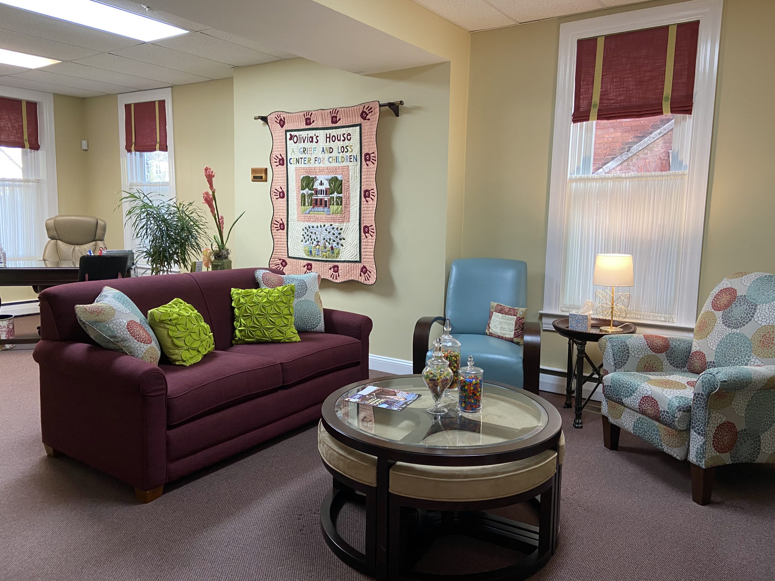 The Welcoming Room Designed to be "welcoming" to children, it is the first room a grieving family enters when they arrive at Olivia's House. Once a dentist's office, the children learn how we transformed this building into such a warm home!
